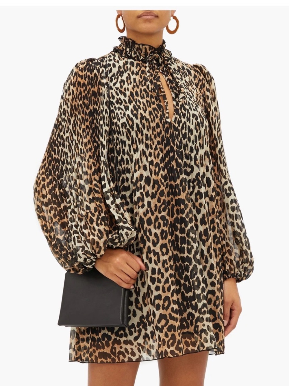 Ganni Leopard Print Pleated Georgette Mini Dress